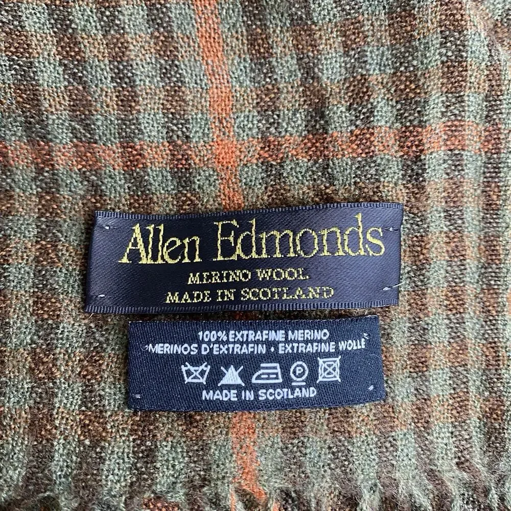Allen Edmonds Extra Fine Merino Wool Scarf Green Brown Plaid Fringe Scotland